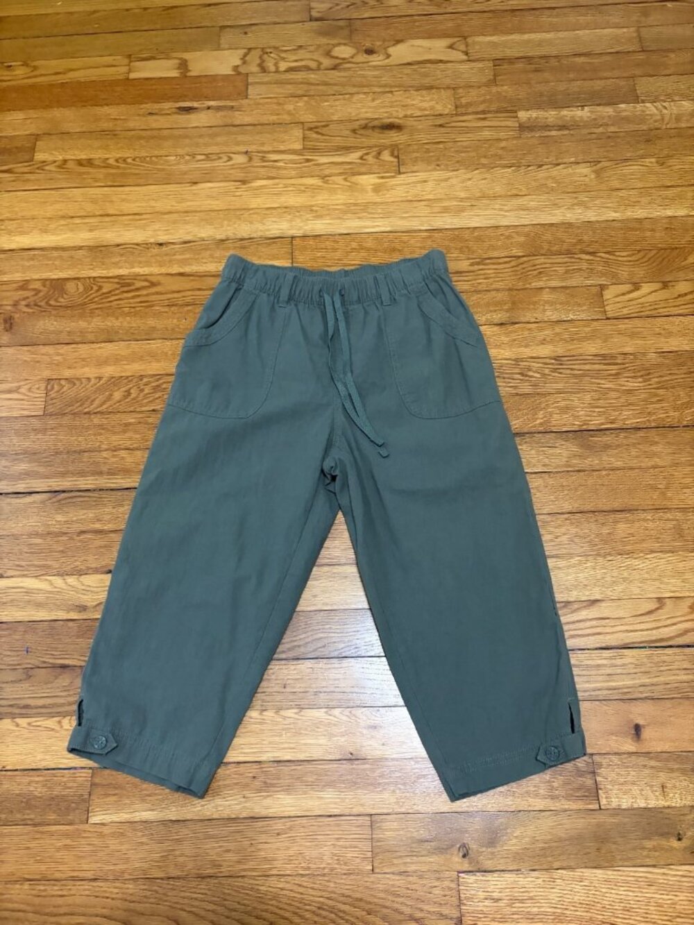 Erika Womens Pull on Capri Pants Sz Petite Small PS Green 100% Cotton Elastic